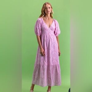 Bloomingdale’s! Light Pink Maxi Eyelet Dress Puff Sleeves and Plunge v-neck